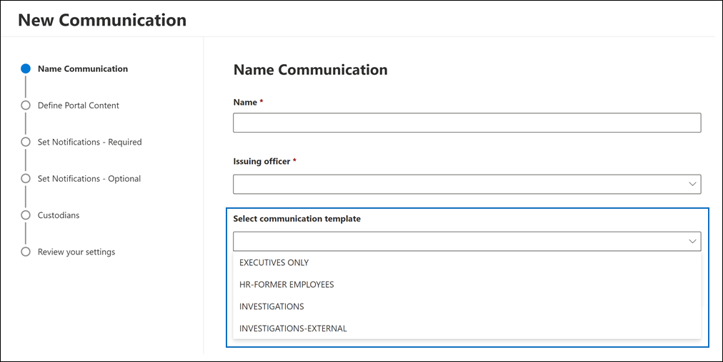 Modèles de la bibliothèque de communications affichés dans la liste déroulante.