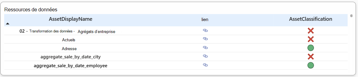 Capture d’écran de la table des ressources de données, montrant la classification status pour chaque ressource.