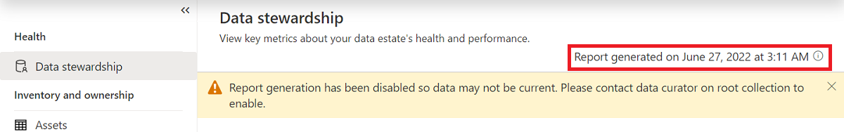 Capture d’écran de la fenêtre contextuelle d’avertissement de rapport sur la page Insights du rapport de gestion des données avec le texte Rapport généré à la date mis en évidence.