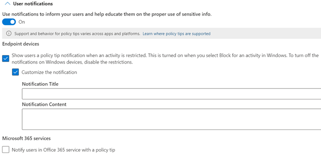 Options de configuration de notification utilisateur et de conseil de stratégie disponibles pour les appareils