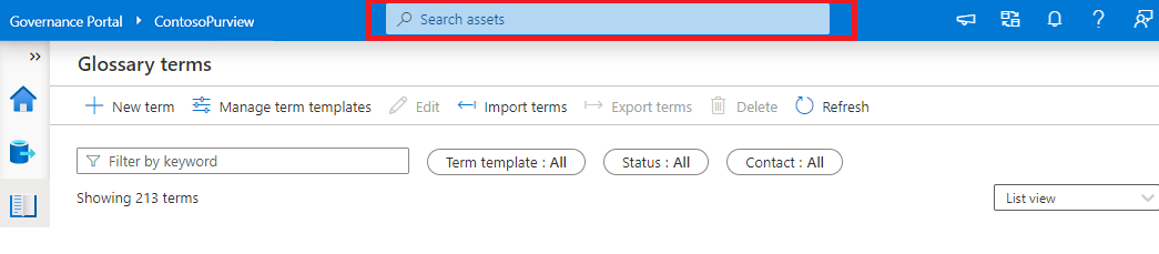 Capture d’écran montrant l’emplacement de la barre de recherche du portail de gouvernance Microsoft Purview.