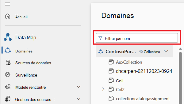 Capture d’écran du menu Domaines avec la zone de filtre au-dessus de la liste des domaines et des regroupements mis en évidence.