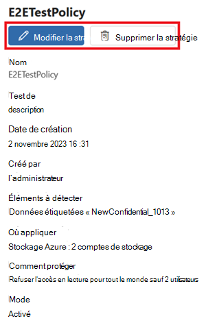 Capture d’écran d’une page de détails de stratégie, avec les boutons Modifier et Supprimer mis en évidence.