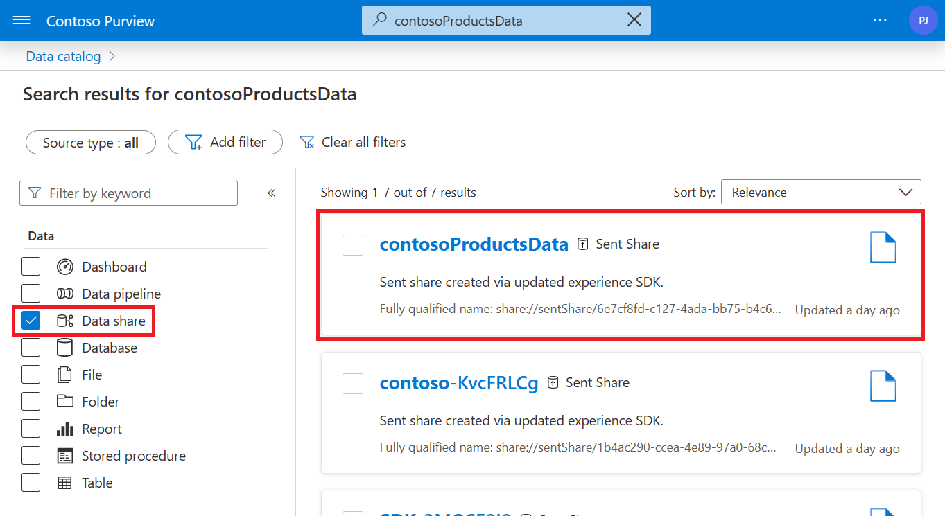 Capture d’écran de la recherche dans le catalogue de données, montrant le filtre de partage de données sélectionné et un partage mis en surbrillance.