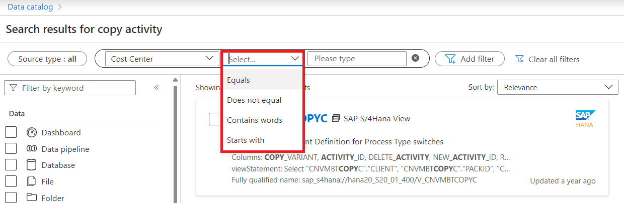 Capture d’écran montrant la liste déroulante des opérateurs de filtre avec les opérateurs disponibles mis en surbrillance.