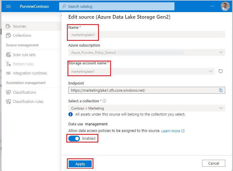 d’écran : Capture d’écran montrant comment inscrire une source de données pour la stratégie avec l’option Application de la stratégie de données définie pour activer