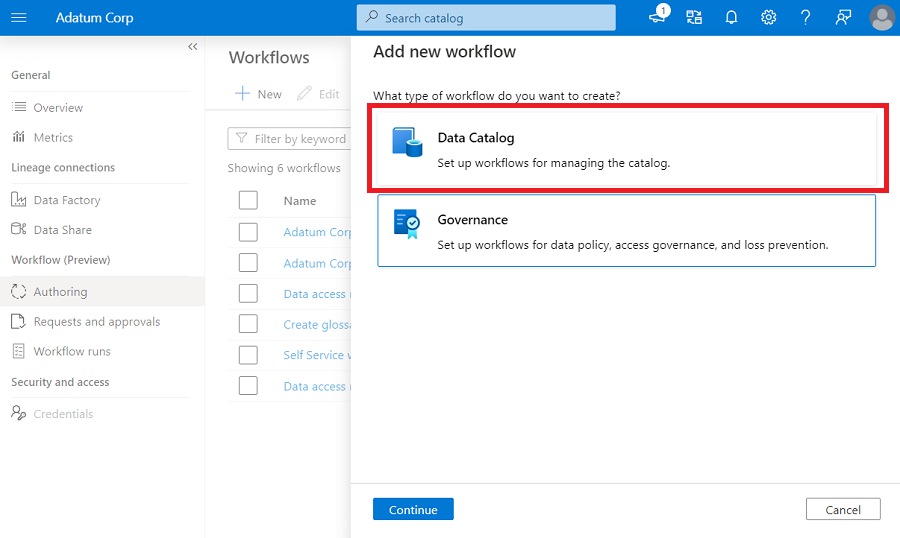 Capture d’écran montrant le menu des nouveaux flux de travail, avec Data Catalog sélectionné.