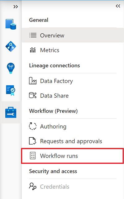 Capture d’écran du menu de gestion dans le portail de gouvernance Microsoft Purview. L’onglet Exécutions du flux de travail est mis en surbrillance.