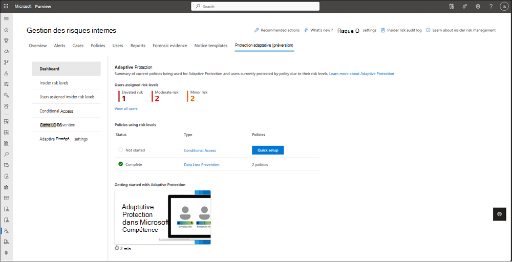 Tableau de bord protection adaptative de gestion des risques internes.