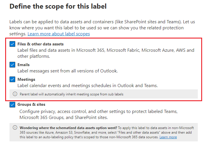 Options d’étendue d’étiquette de confidentialité pour les éléments qui incluent fichiers, e-mails et réunions.