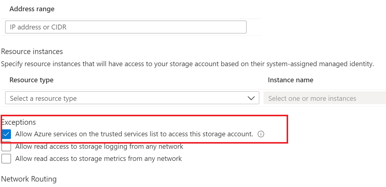 Capture d’écran montrant les exceptions permettant aux services Microsoft approuvés d’accéder au compte de stockage