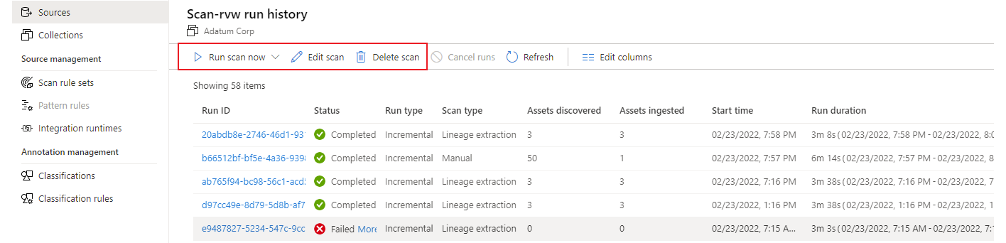 Capture d’écran montrant les options d’exécution, de modification et de suppression d’une analyse.