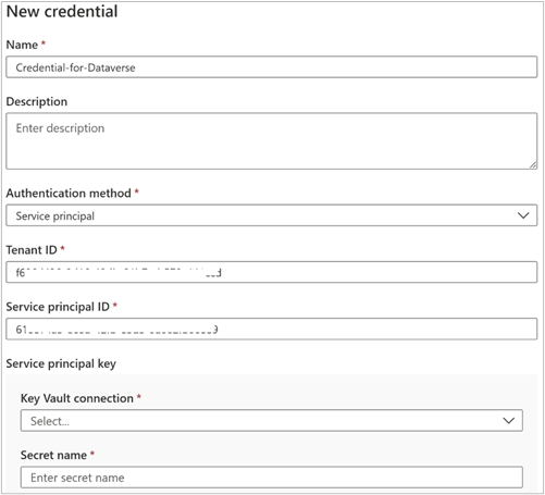 Capture d’écran montrant un exemple de création d’informations d’identification dans Microsoft Purview.