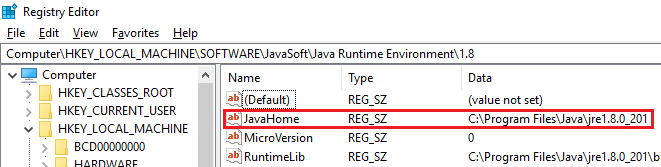 Capture d’écran montrant une entrée JavaHome.