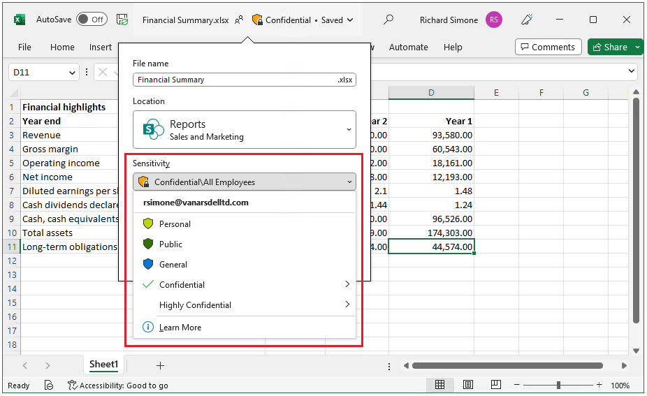 Étiquette de confidentialité dans le ruban Excel et sur la barre d’état