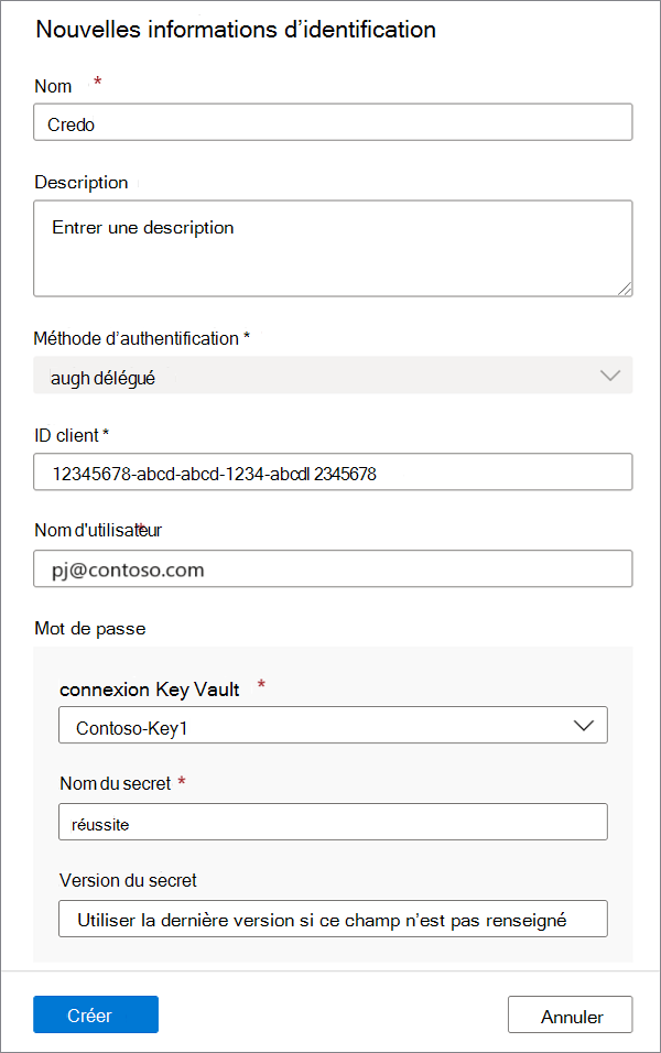 Capture d’écran du menu des nouvelles informations d’identification, montrant les informations d’identification de l’infrastructure pour l’authentification déléguée avec toutes les valeurs requises fournies.