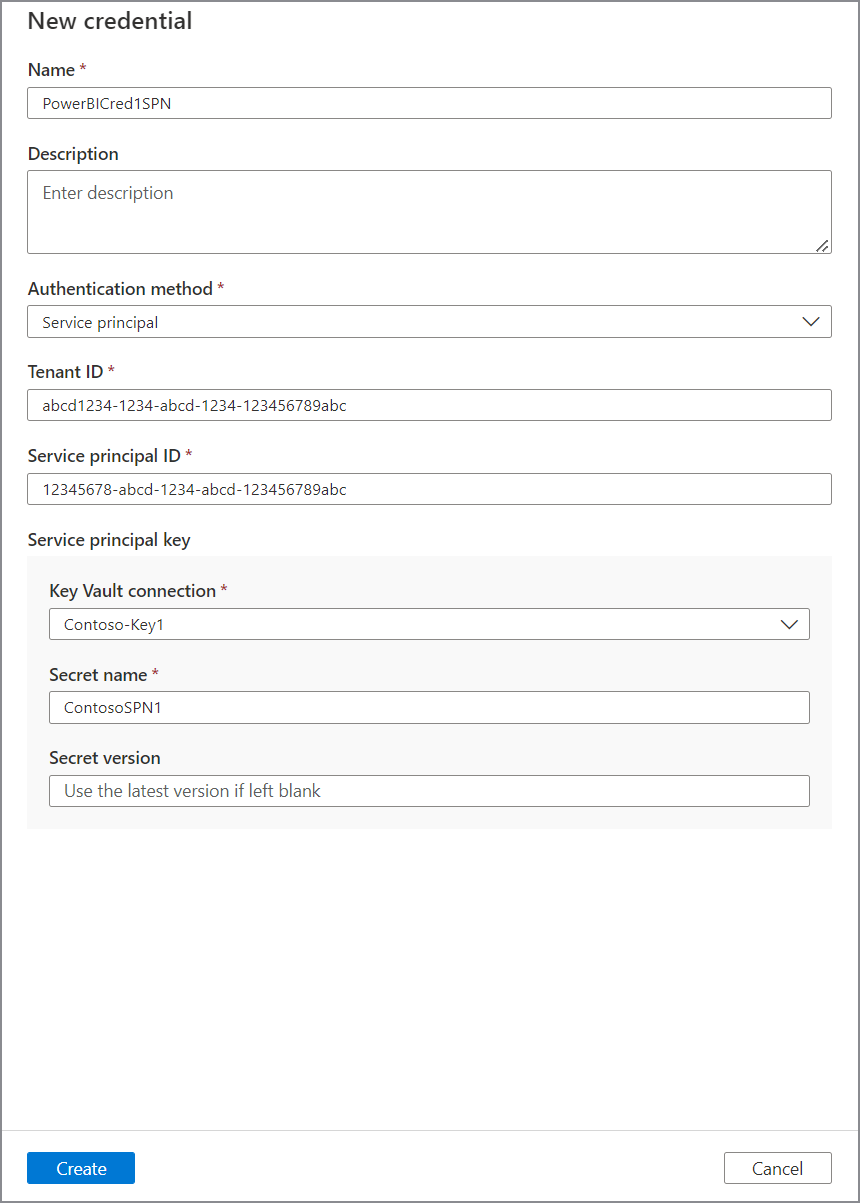 Capture d’écran du menu des nouvelles informations d’identification, montrant les informations d’identification Power BI pour le SPN avec toutes les valeurs requises fournies.