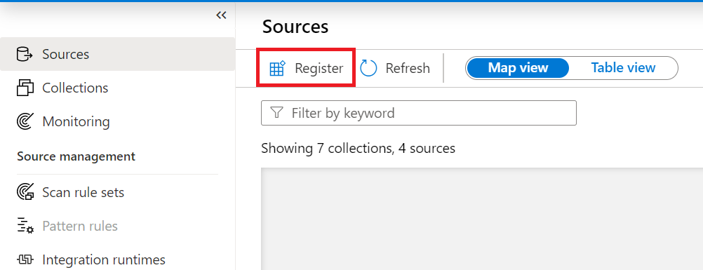 Capture d’écran montrant les sources Data Map du portail de gouvernance Microsoft Purview, avec le bouton Inscrire mis en évidence en haut.