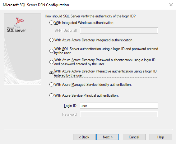 L’écran de création et de modification du nom de source de données avec l’authentification Microsoft Entra Interactive sélectionnée.