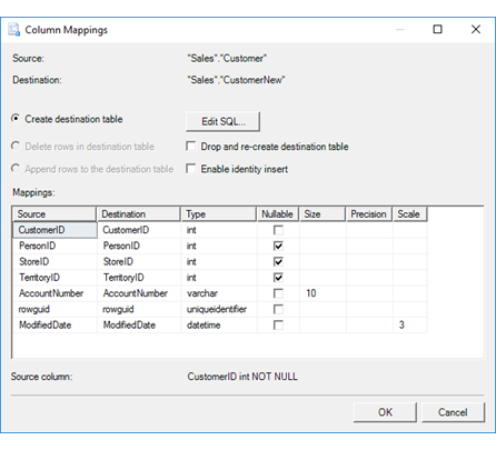 Page Mappage de colonnes de l’Assistant Importation et Exportation