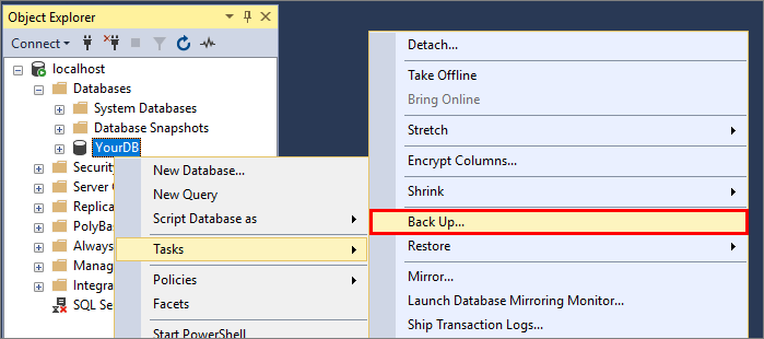 Capture d'écran de l'utilisation de SSMS pour créer un fichier de sauvegarde.