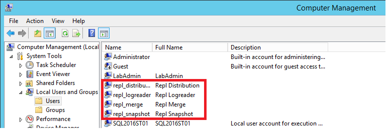 Capture d’écran de la liste des utilisateurs de réplication.