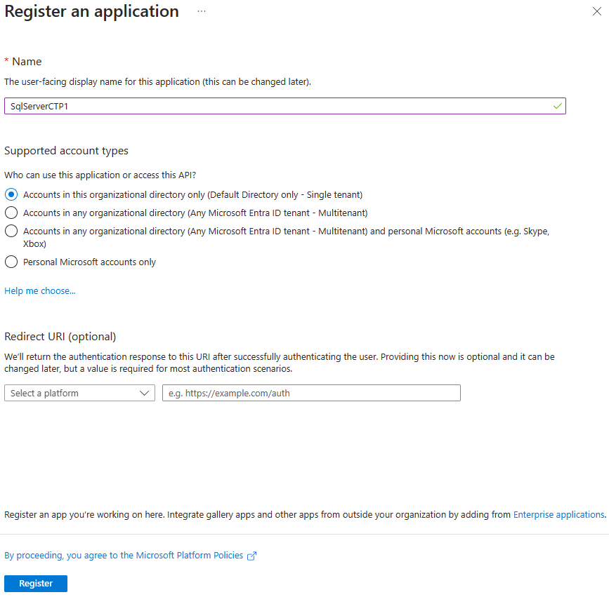 Capture d’écran de l’inscription de l’application dans le portail Azure.