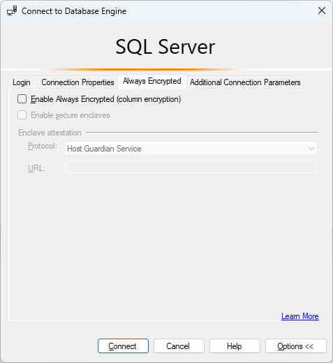 Capture d’écran de l’option de connexion SSMS pour la fonction Always Encrypted désactivée.