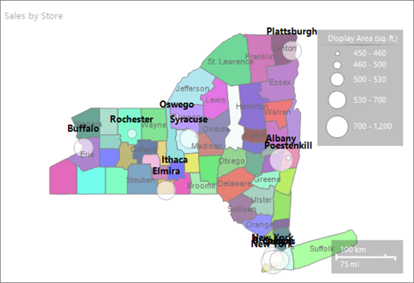 Capture d’écran montrant un aperçu de la carte du générateur de rapports avec les noms des villes affichés en gras et une taille de 10 points.