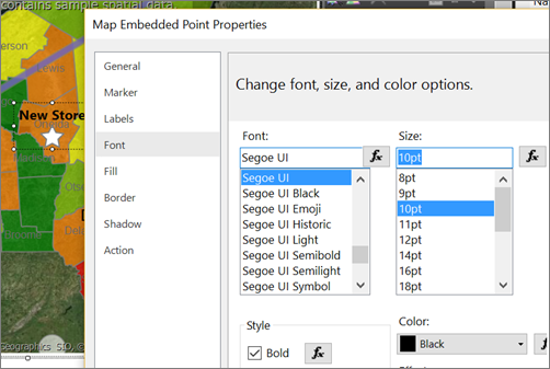 Capture d’écran montrant la section Modifiez la police, la taille et la couleur de la boîte de dialogue Propriétés des points incorporés de la carte.