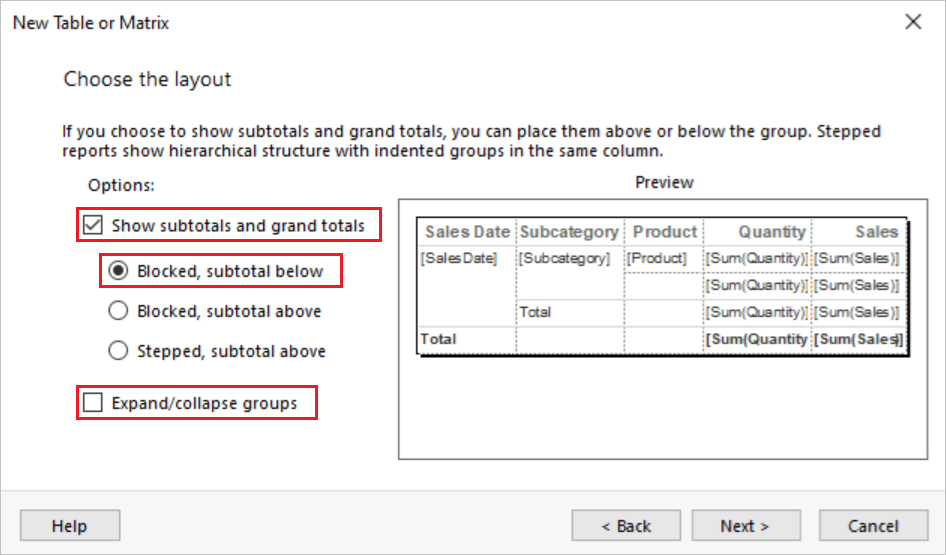 Capture d’écran montrant comment choisir les options de disposition de la table.