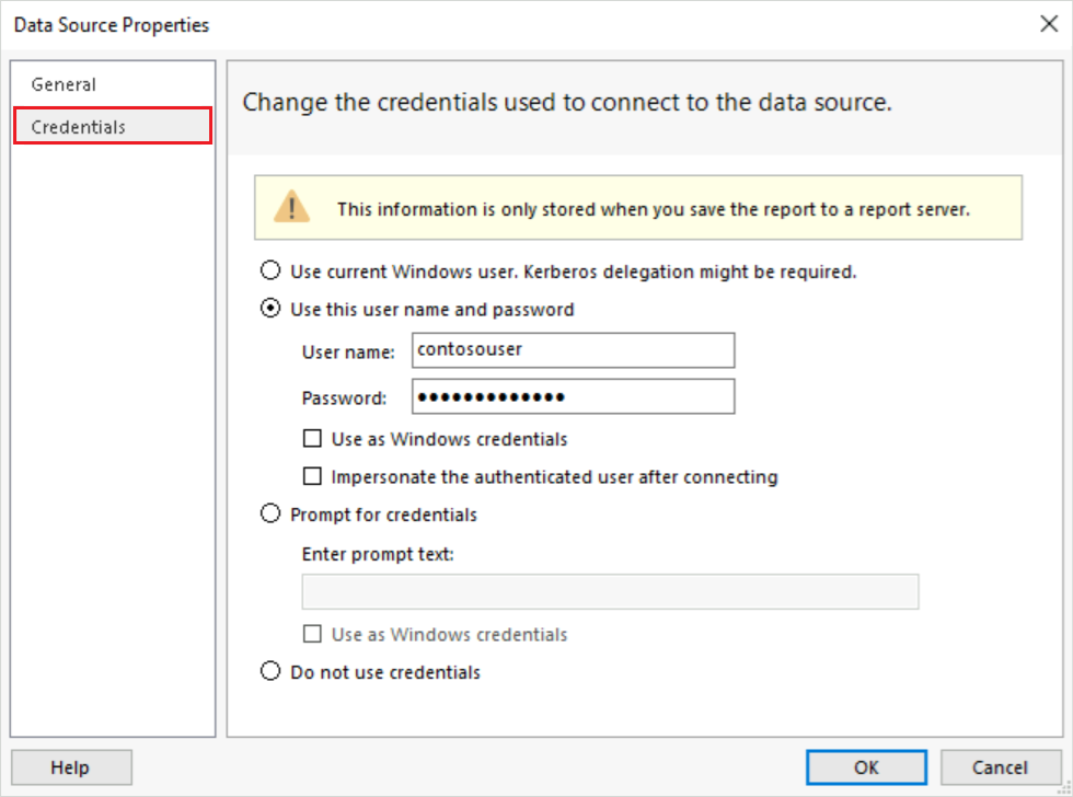 Capture d’écran montrant comment configurer les options de l’onglet Identifiants dans la boîte de dialogue Propriétés de source de données.