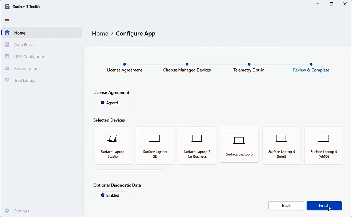 Capture d’écran montrant la révision et l’achèvement de la configuration de l’application.