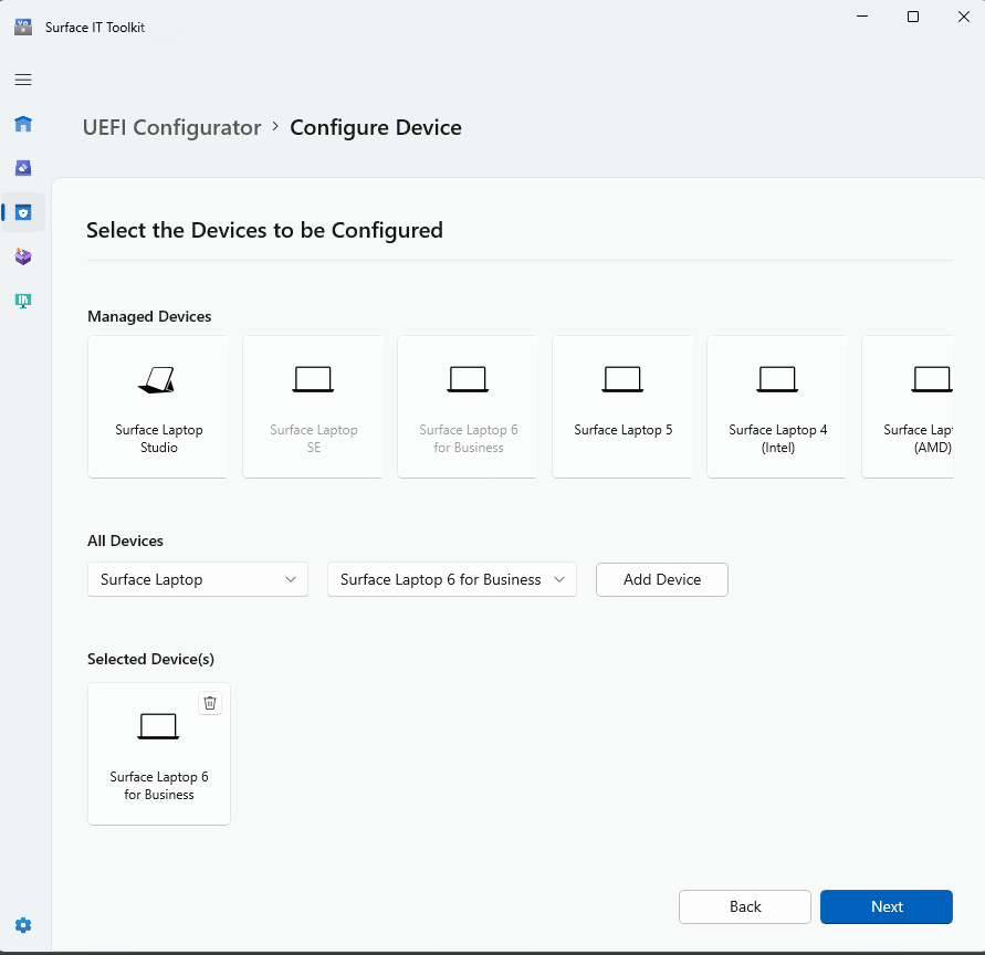 Capture d’écran de la sélection de l’appareil pour la configuration UEFI.