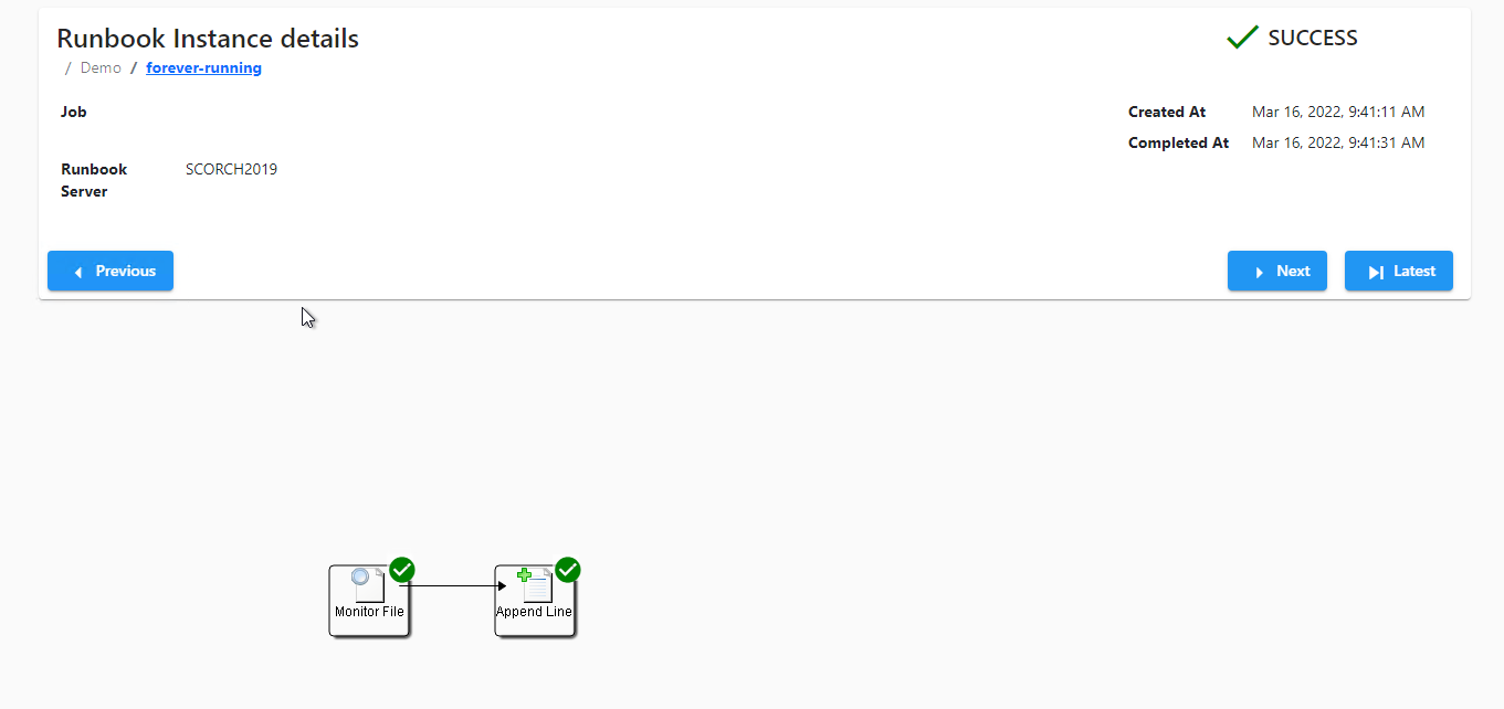 Capture d’écran montrant les détails de l’instance de runbook.