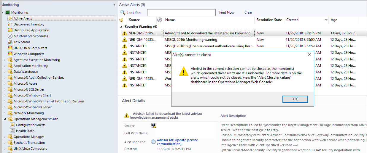 Capture d’écran montrant la console des opérations de message d’alerte fermée.