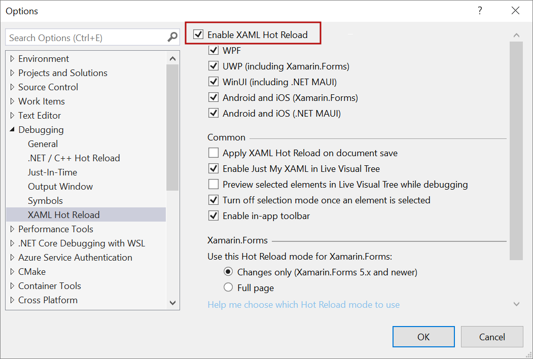 Capture d’écran de la fenêtre Options de débogage de Visual Studio, avec mise en évidence de l’option Activer le Rechargement à chaud XAML.