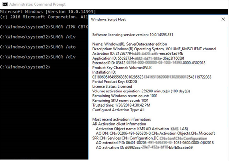 Capture d’écran de la fenêtre d’invite de commandes montrant la commande slmgr /dlv et le message qui en résulte, indiquant que l’utilisateur est activé par Active Directory.