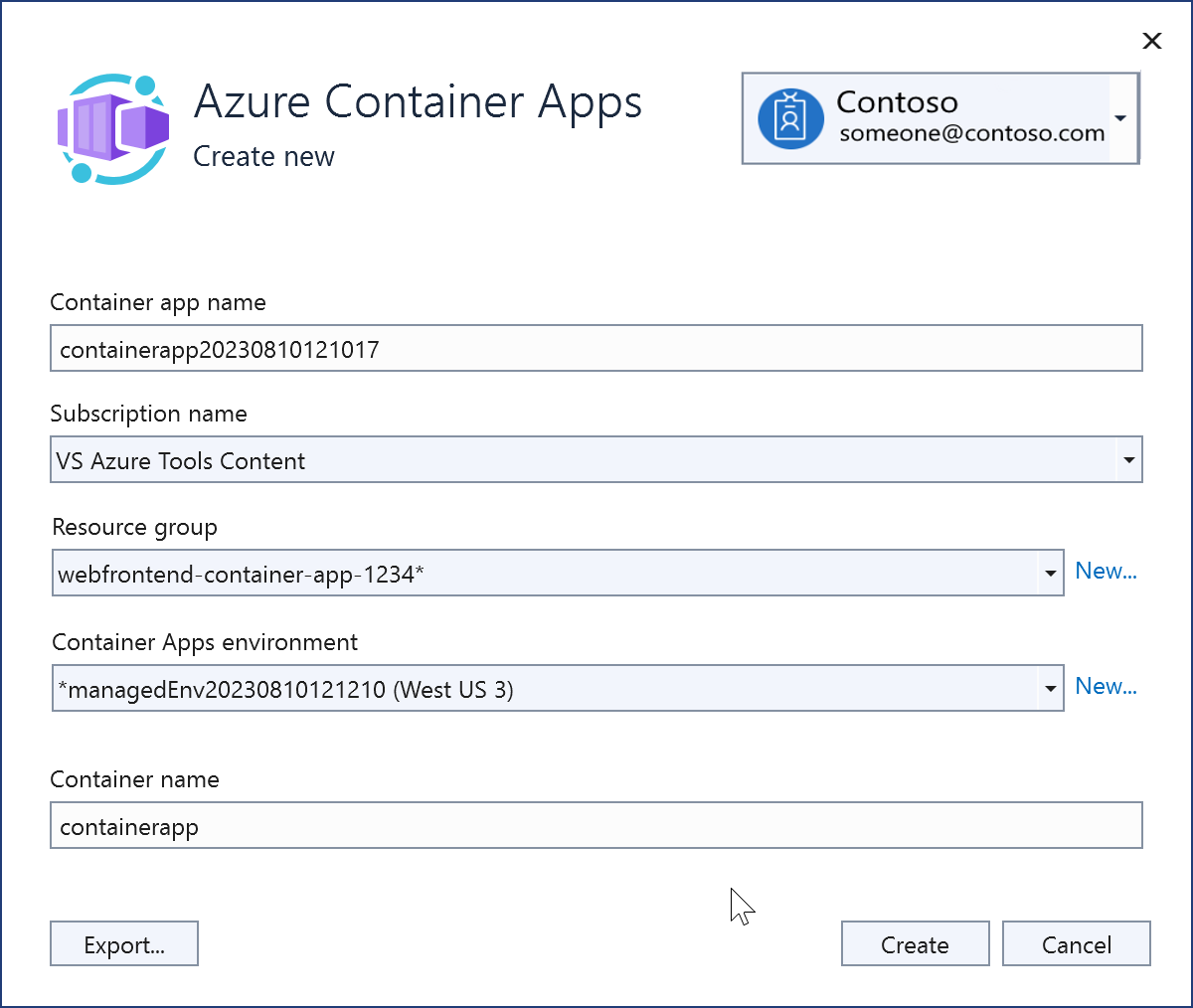 Capture d’écran montrant la création d’une instance Azure Container Apps.