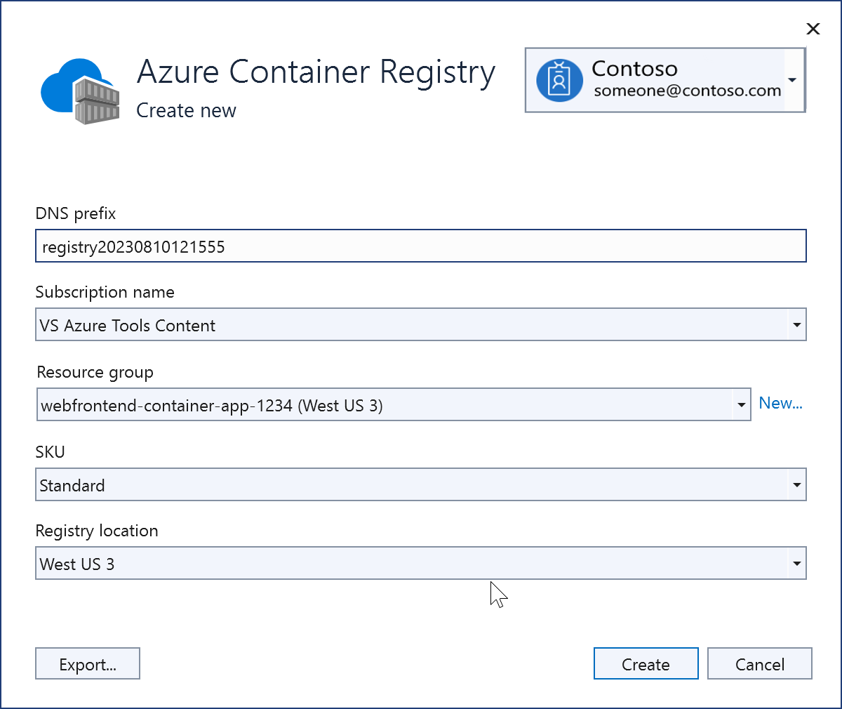 Capture d’écran montrant un nouveau registre de conteneurs Azure qui vient d’être créé.