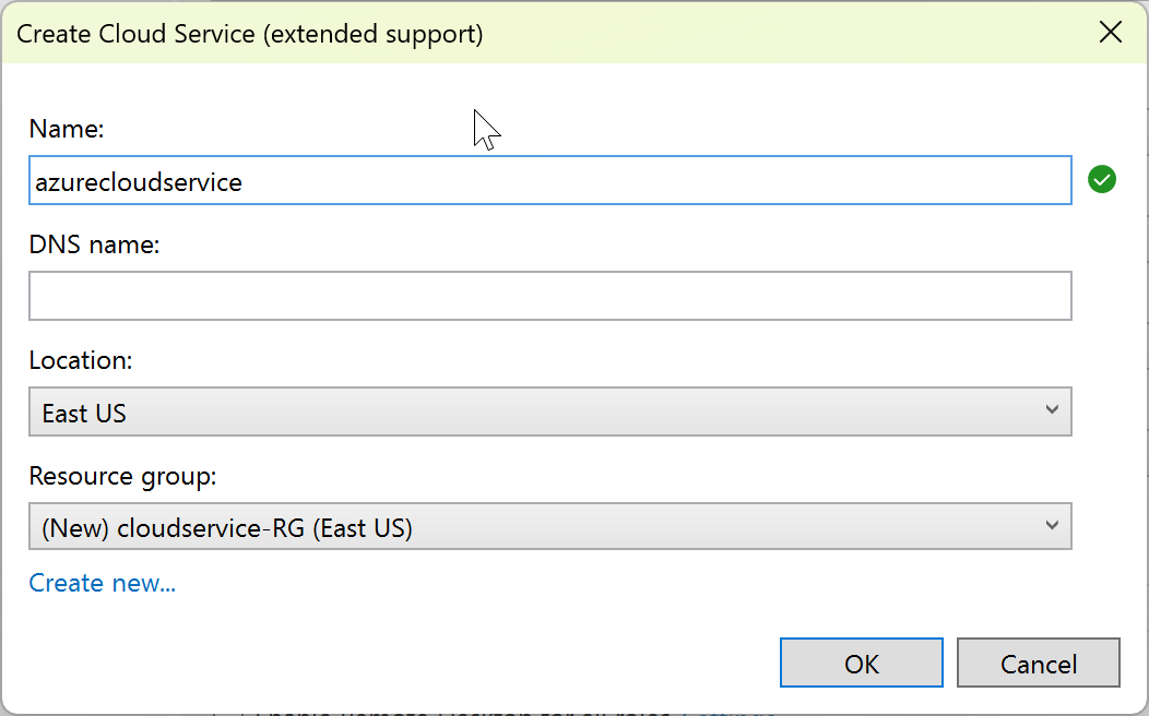 Capture d’écran montrant le volet de déploiement Créer un service cloud (support étendu).