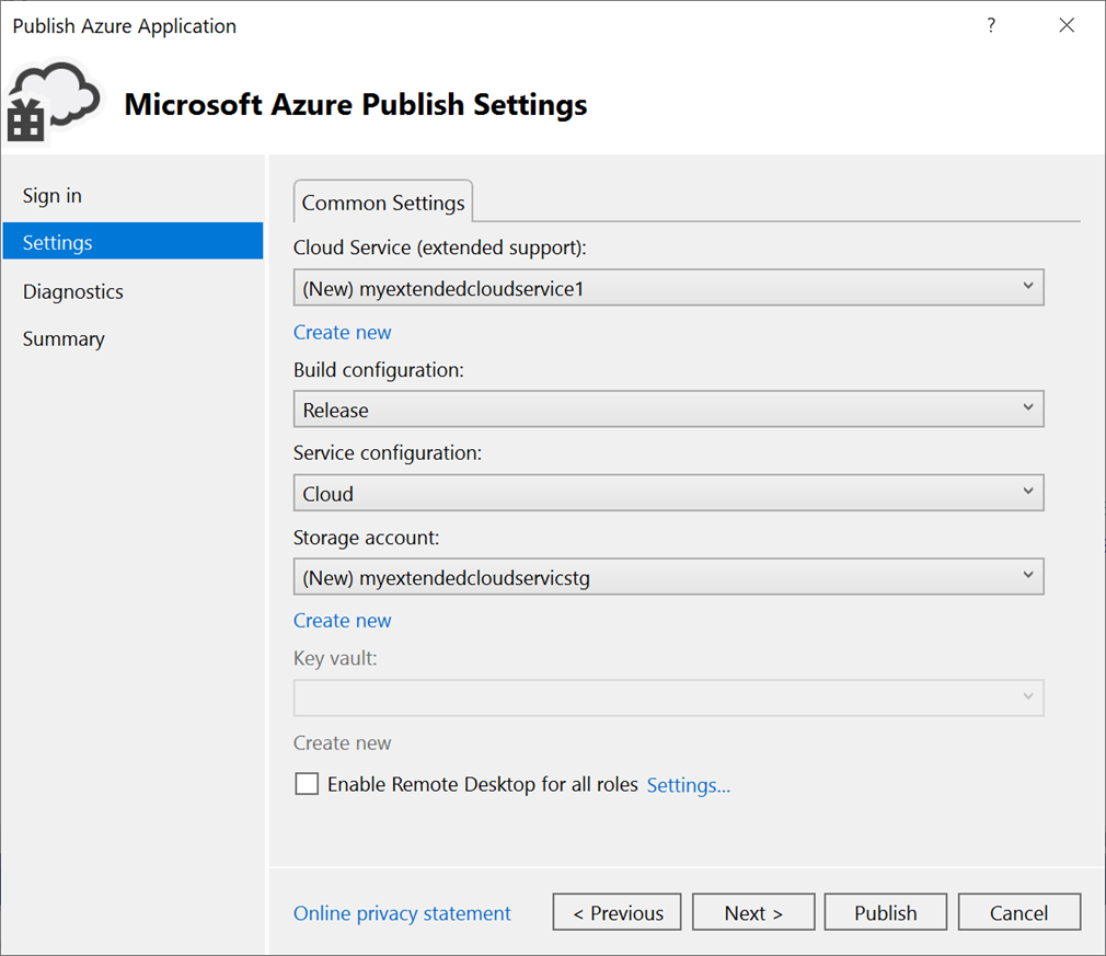 Capture d’écran montrant les paramètres dans le volet Paramètres de publication Microsoft Azure.