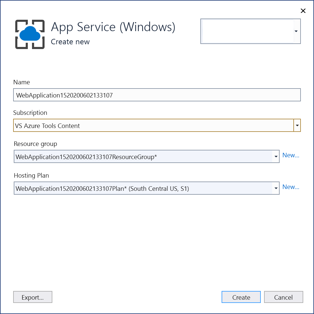 Capture d’écran montrant la création d’un App Service.