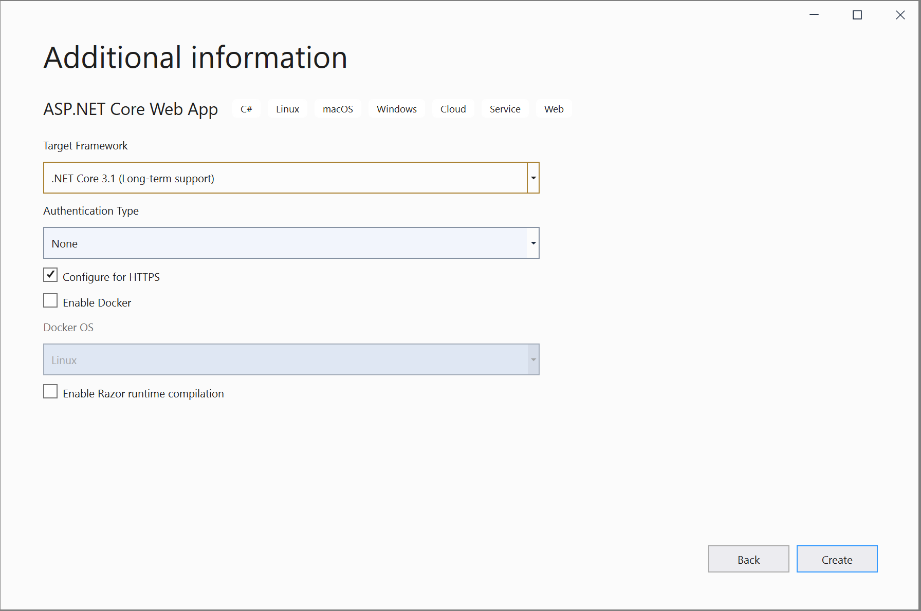 Screenshot of the Additional information screen when creating a web project. The option to Enable Docker Support is not selected.