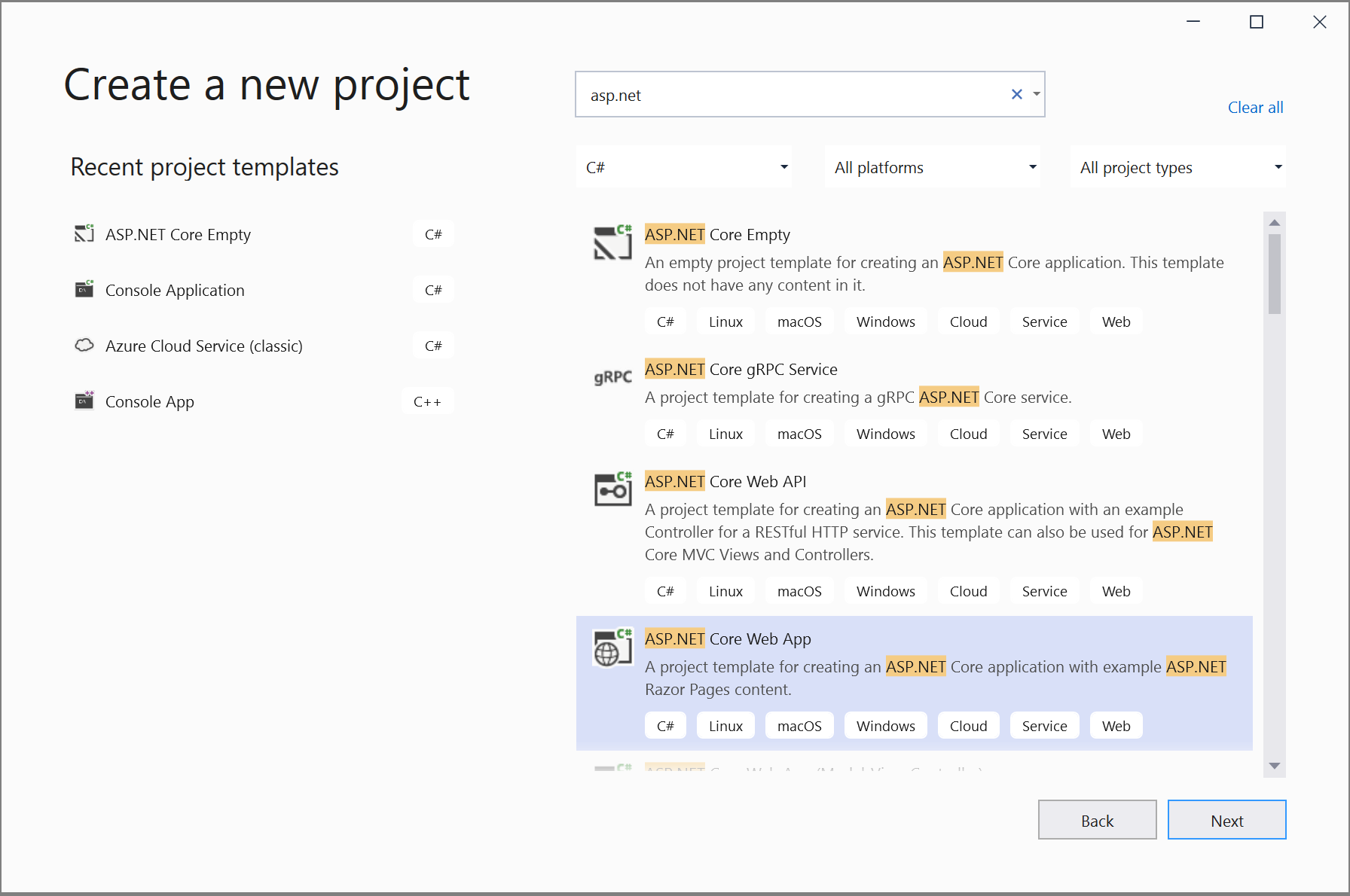 montrant le projet Créer ASP.NET Core Web App.