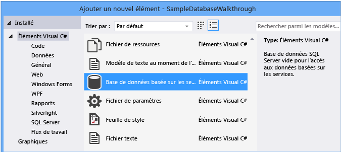 Ajouter un nouvel élément > base de données basée sur le service