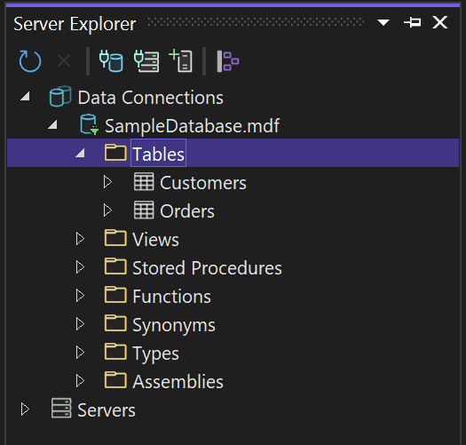 Nœud Tables développé dans l’Explorateur de serveurs