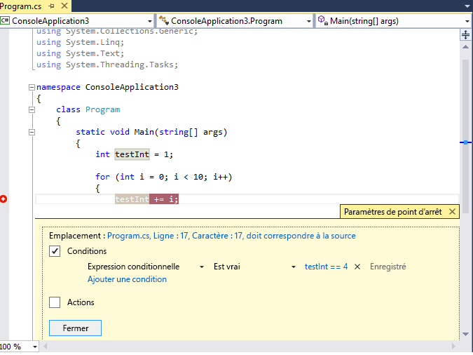 La condition de point d'arrêt a la valeur true