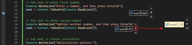 Capture d'écran montrant comment faire flotter une info-bulle de données n'importe où dans l'IDE Visual Studio.