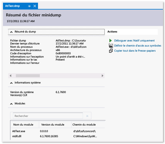 Capture d’écran montrant la page de récapitulatif du Minidump.